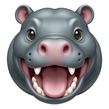 cinematic-noble-yawning hippo-portrait-emoji,-poised-and-regal,-with-a-massive,-robust-build-and-a-smooth,-sleek-slate-gray-hide,-deep-set-soulful-eyes,-simplified-yet-sharp-and-sophisticated-features,-highly-detailed,-glowing-with-a-soft radiance, mouth open wide exposing teeth sticker