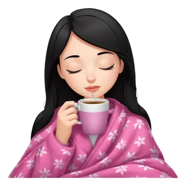 black haired girl inside a pink blanket sipping coffee with eyes closed and lashes sticker