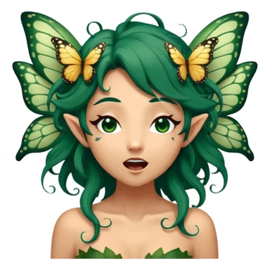 Cinematic Realistic Forest Fairy Portrait, head tilted slightly with a dramatic, wide-open yawn, revealing a tender, relaxed visage with finely detailed tanned skin and flowing, vine-adorned dark green hair gently framing her face. Her sleepy eyes exude a serene, dreamlike quality as soft natural sunlight filters through the canopy, showing her large butterfly wings from her back capturing the essence of a drowsy yet captivating forest drifting into peaceful slumber. sticker