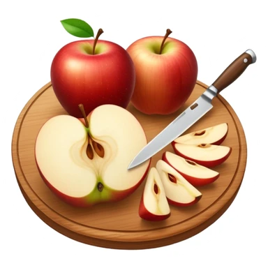 A round wooden board with a whole apple and several slices on it and knife, with a soft glow sticker