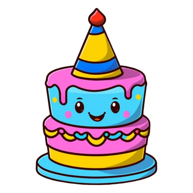 cute birthday cake with smiling face and party hat sticker