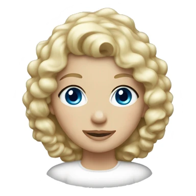 White lady with curly blonde hair and blue eyes wearing a Christmas hat sticker