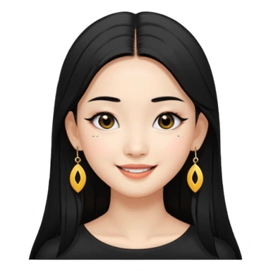 A Asian girl with fare skin and earrings, long straight black hair that is covering her checks with black eyes, smiling with a open wings eyeliner sticker