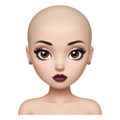 bald, pretty lips, pale tattoed skin,  dark brown eyes, pretty bratz baddie, black eyeliner sticker