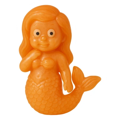 hyper-detailed retro 90's toy style bright orange semi-transparent soft plastic mermaid with derpy eyes soft reflections soft and squishy some cloudiness not shiny highly detailed appealing no tag no background sticker