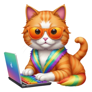 Cat with mirror sunglasses working on computer in rainbow  sticker