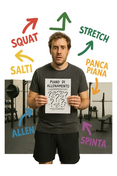 a person stands in the center of a gym, surrounded by arrows pointing in all directions, each labeled with a different exercise (e.g., “squat,” “Salti,” “stretch,” “Panca Piana”). The person looks bewildered, holding a workout plan with scribbles and question marks. The scene is colorful but visually messy, symbolizing confusion. in italiano immagine iperrealistica sticker