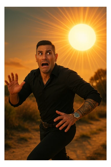 Uomo che corre via dal sole spaventato perchè pensa sia nocivo realistica sticker