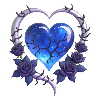 gothic heart, midnight blue glass, silver crescent moon, black roses, stardust, lightning, rain, cracked glass, holographic style sticker
