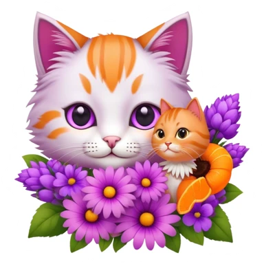 Pink and purple flower bouquet next to a cute cat sticker
