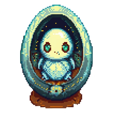 a tiny fetal shape inside of a large glass egg, alien embryo, eerie, tiny glowing eyes sticker