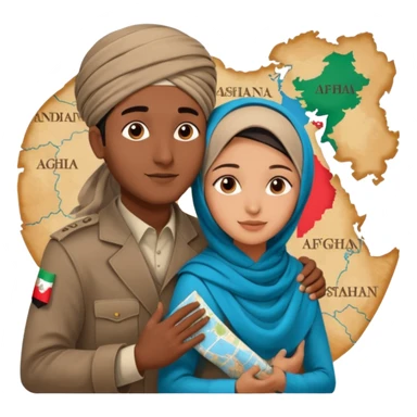 An emotional artistic illustration of an Indian man and an Afghan hijabi girl standing on the maps of India and Afghanistan, symbolically embracing despite the distance, showing love beyond borders. sticker