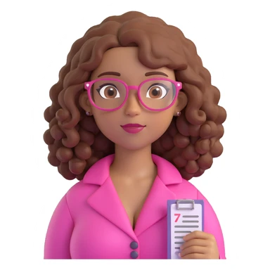 3D style character with curly hair, light brown skin, brown eyes, pink prescription glasses, busty sticker