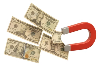 cinque banconote fluttuano in aria attratte da una calamita rossa, iperrealistica 4k, isolato su sfondo bianco sticker