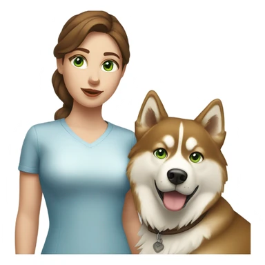 Brown hair  woman with blue eyes with a golden Husky with green eyes sticker