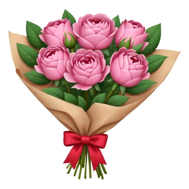 Bouquet of pink flower like rose and peony wrapped in kraft paper with red bow sticker