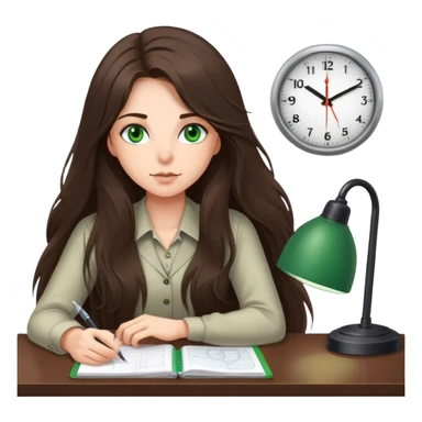 long haired brunette girl with green eyes working at a desk with wall clock at 6pm sticker