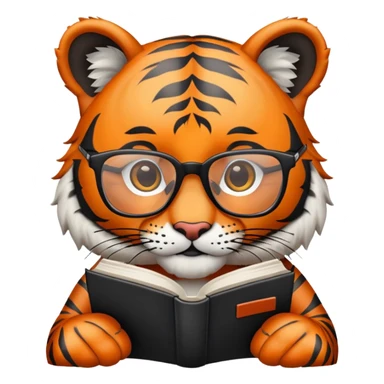 tiger face holding book wearing glasses for Twitch emote sticker