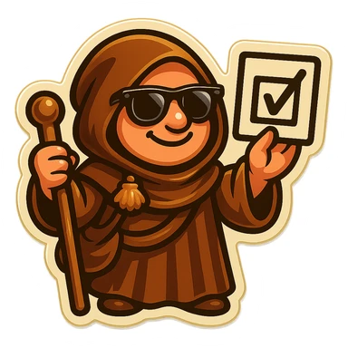 Add sunglasses to the pilgrim wearing a brown cloak in a sticker style with a friendly atmosphere. Keep the background transparent. sticker