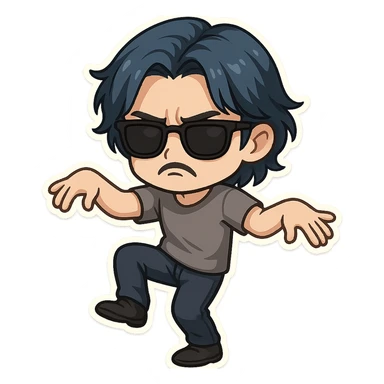 a dark brooding hipster with electric dark blue hair, surfer middle part, chin length hair, black classic rayban shades, plain gray t-shirt, doing the gimmie dance, maniac dance, 1980's dance sticker