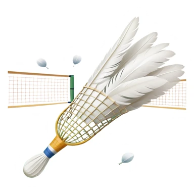 A shuttlecock mid-air above a badminton court, with its feathers spread wide and the background showing a faint outline of a net. The image emphasizes motion and lightness, symbolizing the speed and precision of the sport without players in sight sticker
