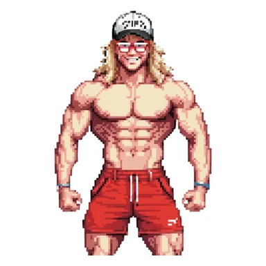 Man with black and white cap with VANOMAS text, bare torso, red shorts, clear glasses, messy light blond mullet hairstyle, smiling and flexing muscles sticker