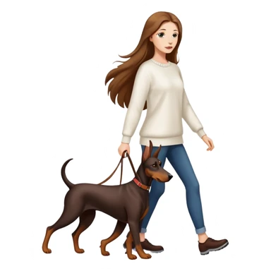 A beautiful long-haired white woman wearing a white sweater walking a Doberman sticker