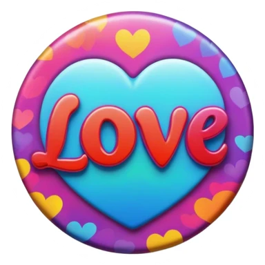 A round psychedelic colored button with bezeled edges and the word love sticker