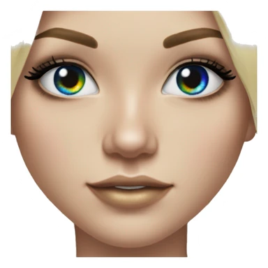 Hyperrealistic pretty white girl with blue eyes and long black hair with rainbow fringe. Wearing gold chain necklace has long eyelashes. sticker