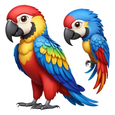 cinematic-macaw-realistic-full-body-standing-emoji,-vibrant-feathers-glowing-with-rich-reds,-blues,-and-yellows,-head-tilted-dramatically,-curved white-beak-gleaming,-piercing-dark-eyes-exuding-confidence,-simplified-yet-realistic-focused sticker