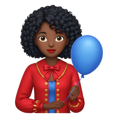 woman with curly black hair and dark face red costume, holding blue balloon sticker