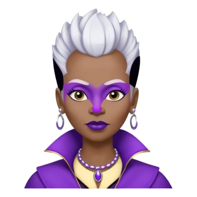 57yr old Qeen black woman with a long shaped face with white colored  natural hair mohawk style haircut adorning purple royalty clothing and purle lipstick, pointed shaped eyebrows, with a nose studs on each nostril  sticker