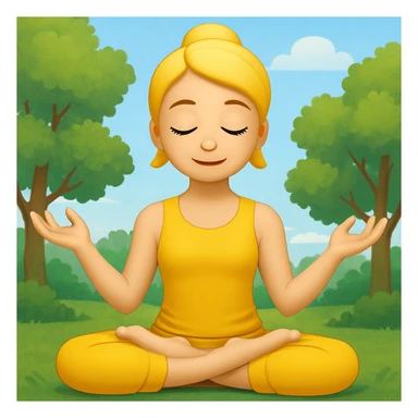 Add a peaceful nature background with trees and sky behind the meditating emoji, keep the classic emoji style sticker