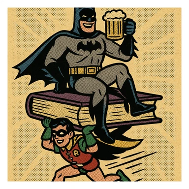 Batman enjoying a beer while sitting on a book, with Robin carrying the book, playful superhero vibe, comic style sticker