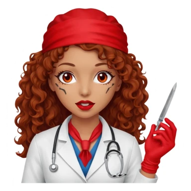 Scary woman scalpel in hand, evil surgeon sexy surgeon clothes.  She has red eyes. Her  brown long curly hair. Wears sexy doctor outfit with red gloves. Only uses red bandanna  to hide her face mouth with red bandana to hide her identity sticker