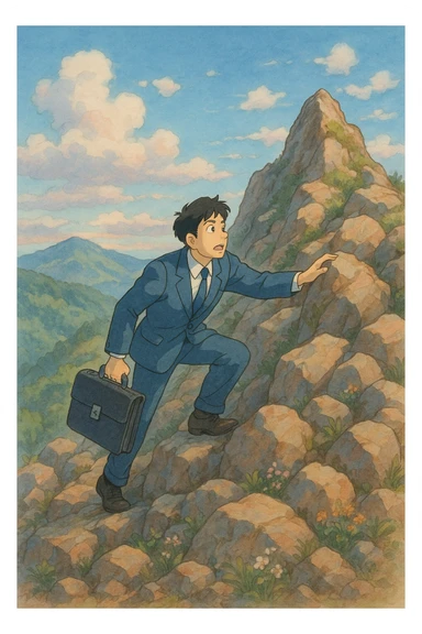 man climbing a mountain in a suit, ghibli style sticker
