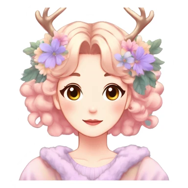 Gorgeous Shiny Colorful Pastel Anime Style Mature Lady with blushing face and pretty hair with a flower crown and antlers pastelcore kawaii cottagecore aesthetic trending style sticker