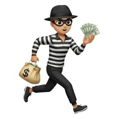 Make a man wear a black pant and he shirt is balck line and white line and wear a black hat and he holding a money bag and he running he wear a black eye thing sticker