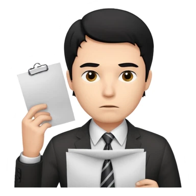 male office doubt face looking at paper with black hair sticker