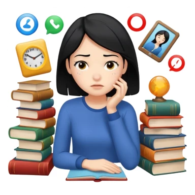 female emoji with black hair, exhausted expression, surrounded by books and activity icons sticker