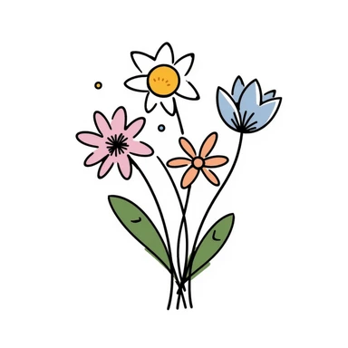 Simple bouquet of spring flowers with different blooms including small daffodils and daisies. Hand-drawn doodle style using pastel colors (pink, light blue, lavender, peach). Cheerful floral arrangement with leaves and stems. Delicate spring bloom design. sticker