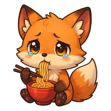 chibi anime style fox character, eating noodles, looking sad, cute, colorful, detailed sticker