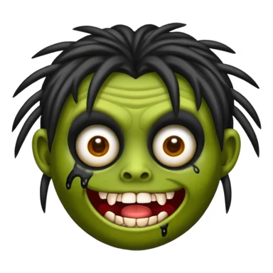 Emoji de uma garota zumbi com os cabelos longos, lisos e pretos. Ela usa uma franja curta. sticker