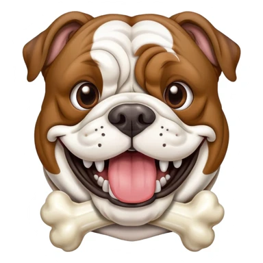 Brown brindle English bulldog with silly teeth and white stripe on face make him have a bone in his mouth sticker