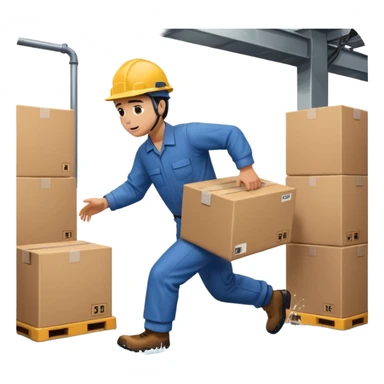 Animación educativa sobre un accidente laboral en un entorno industrial. Un trabajador de fábrica, con casco pero sin otros elementos de protección personal, resbala en un piso mojado y cae al suelo mientras transporta una caja. sticker