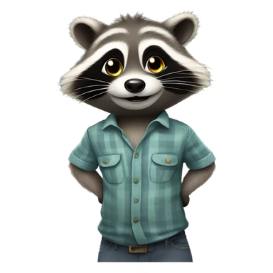 Happy Racoon in a shirt stands in full growth, stares up and thinks about difficult question sticker