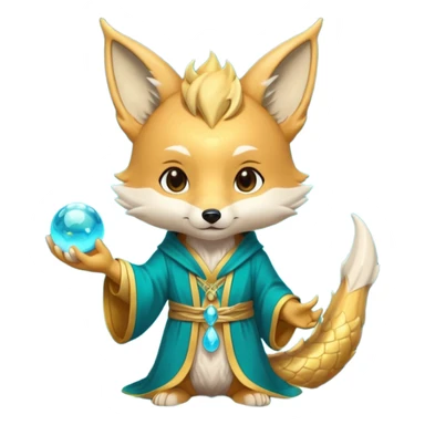 Chibi teal fox with gold mark on forehead, teal-gold robe, holding glowing blue water orbs, with a dragon tail on its backside with small antler horns on its head sticker