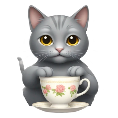 Gray cat drink tea sticker
