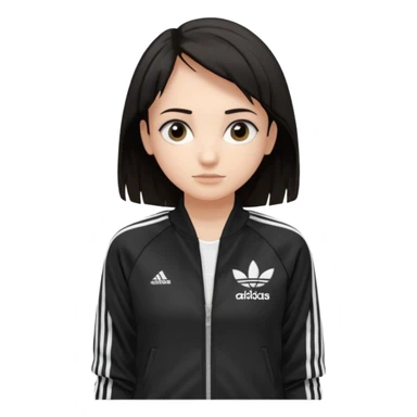A girl with  medium length, dark hair, fair skin. The style is a soft, layered cut that falls around her shoulders. wore black Adidas track jacket with white stripes on the sleeves. It has a full zipper down the front, a stand-up collar, and the Adidas logo on the right chest emoji sticker