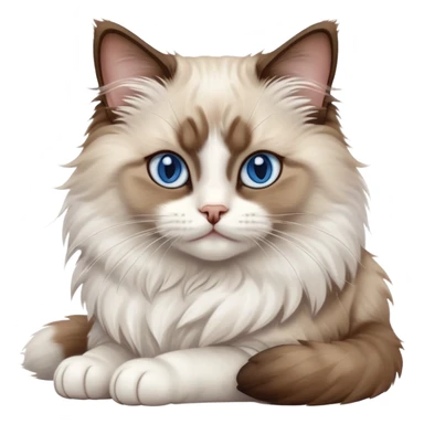 cinematic-[brown and white ragdoll cat]-realistic-full-body-sitting-emoji,-tail-curled-playfully-around-its-paws,-head-tilted-dramatically,-fluffy-[brown and white]-fur,-simplified-yet-realistic-focused-features,-highly-detailed,-glowing-with-an-almost-sarcastic-glow, with blue eyes sticker